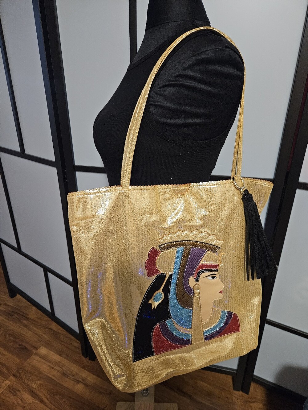 "Egyptian Icon" Vegan Leather Shopper Tote w/ Removable Tassel keychain - Picture 2 of 8